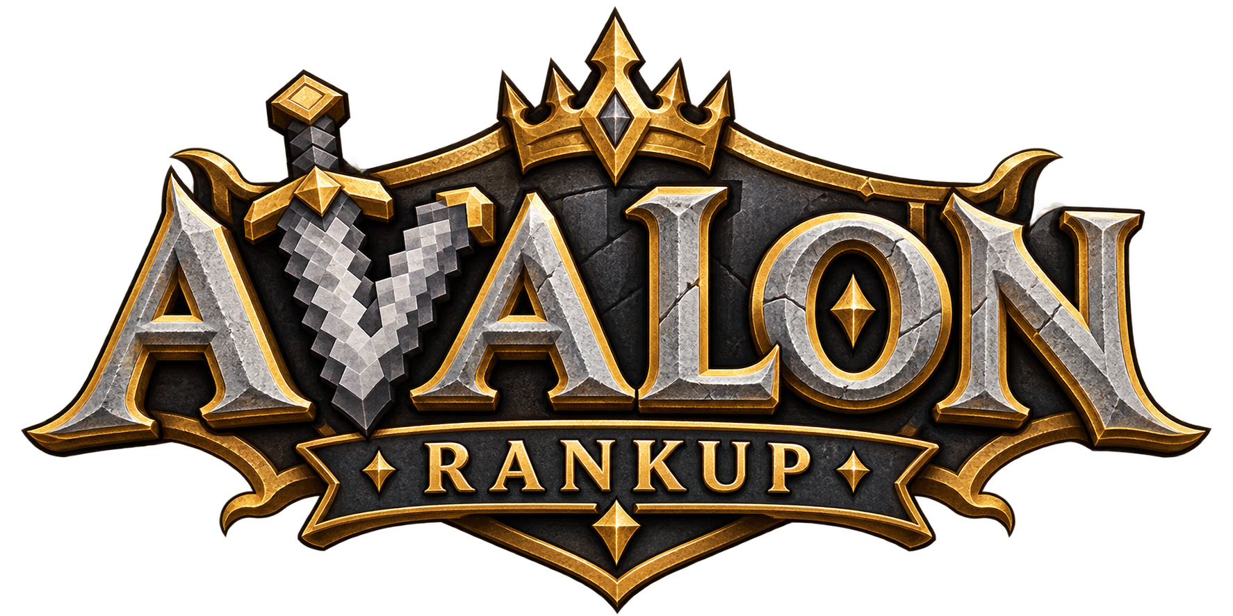 Logo completa Avalon RankUP, com espada, coroa e detalhes dourados